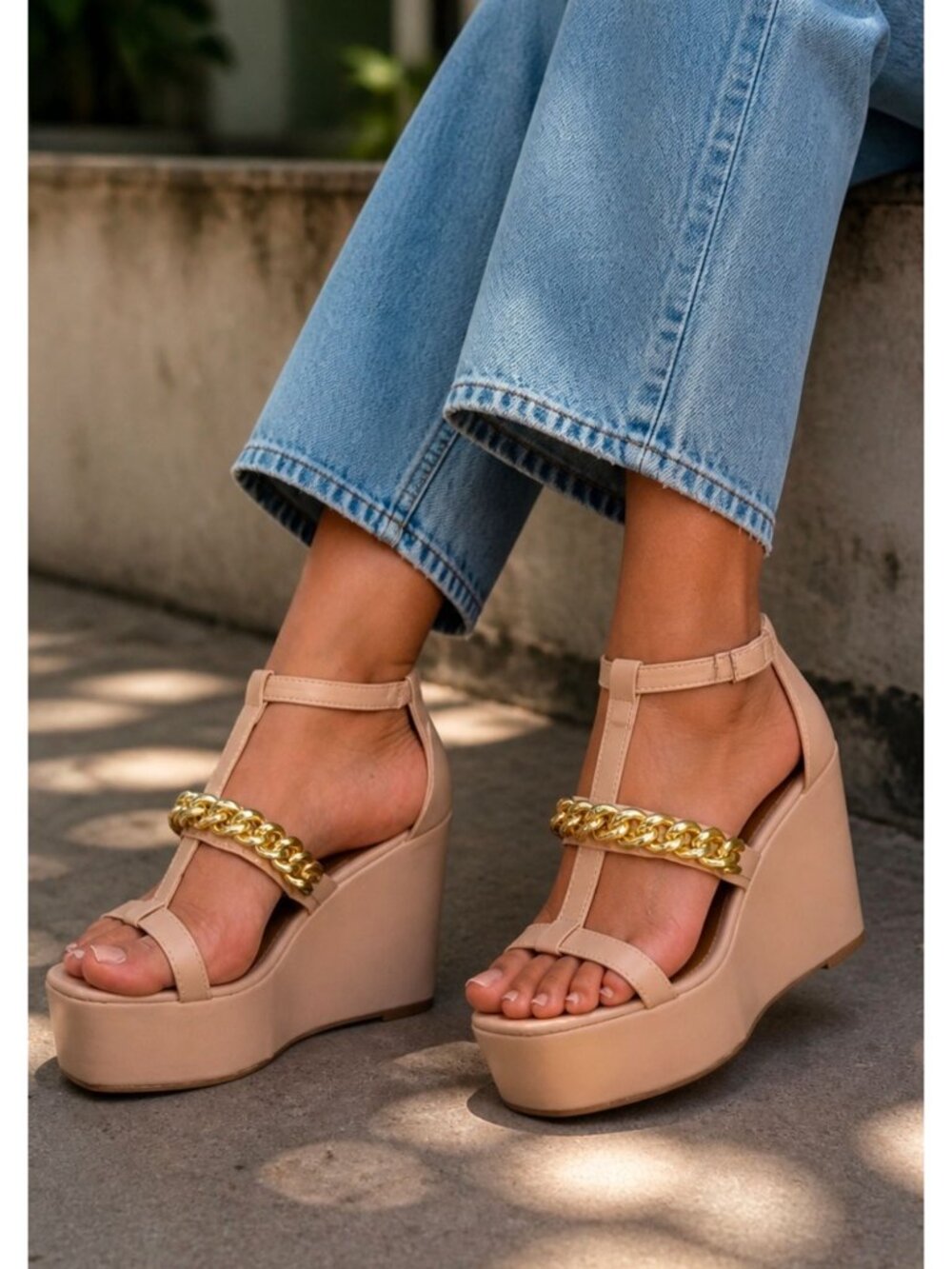Gold Chain Nude Wedge Sandals With Ankle Strap & Open Toe Design For Women